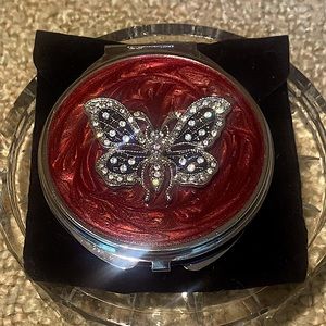 🦋CLOISONNÉ CRYSTAL BUTTERFLY DOUBLE MIRROR (1 MAGNIFYED) COMPACT W/ POUCH NWOT